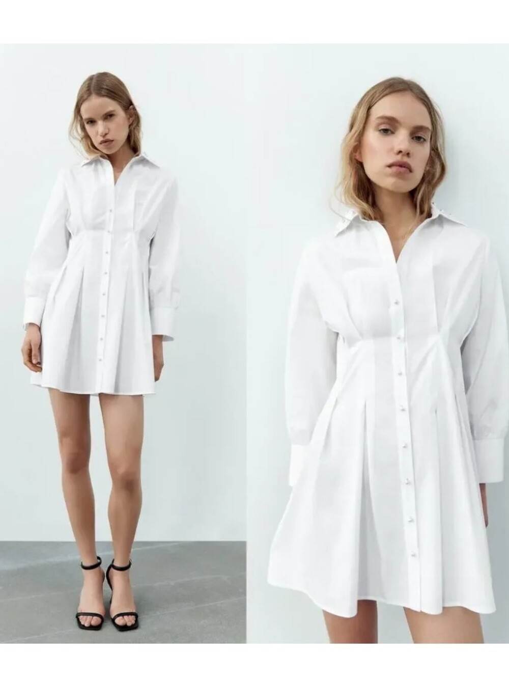 Zara white poplin shirt dress featuring pearl appliqués on the collar